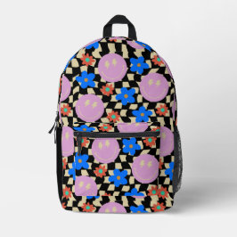 Retro Happy Face Karo Blume Bedruckter Rucksack