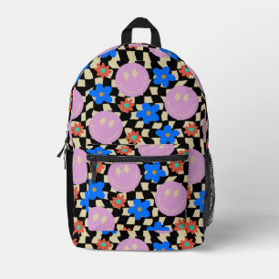 Retro Happy Face Karo Blume Bedruckter Rucksack