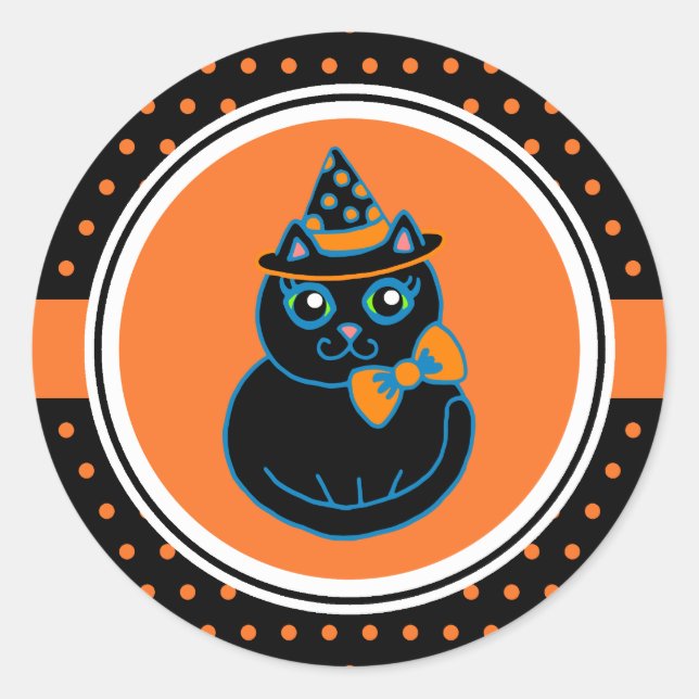 Retro Happy Halloween Black Cat Stickers (Vorderseite)