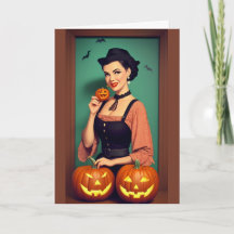 Retro Happy Halloween Dame mit Kürbissen