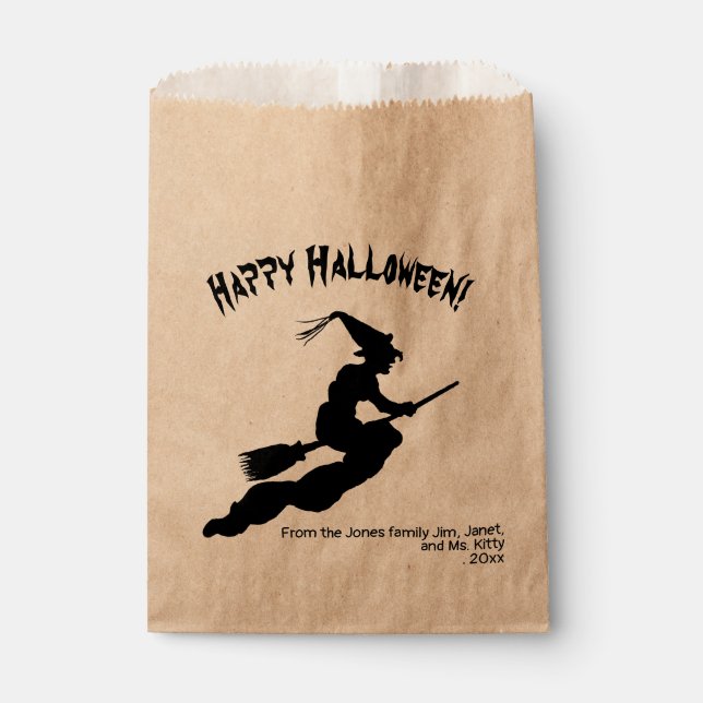 Retro Happy Halloween Hexe auf einer Broom-Silhoue Geschenktütchen (Vorderseite)