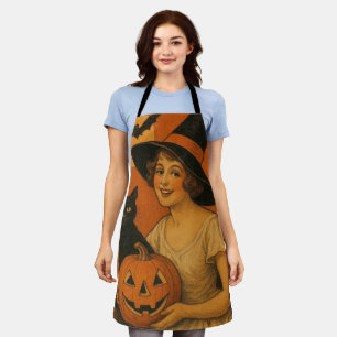 Retro Happy Halloween Hexe, Katze, Kürbis Schürze