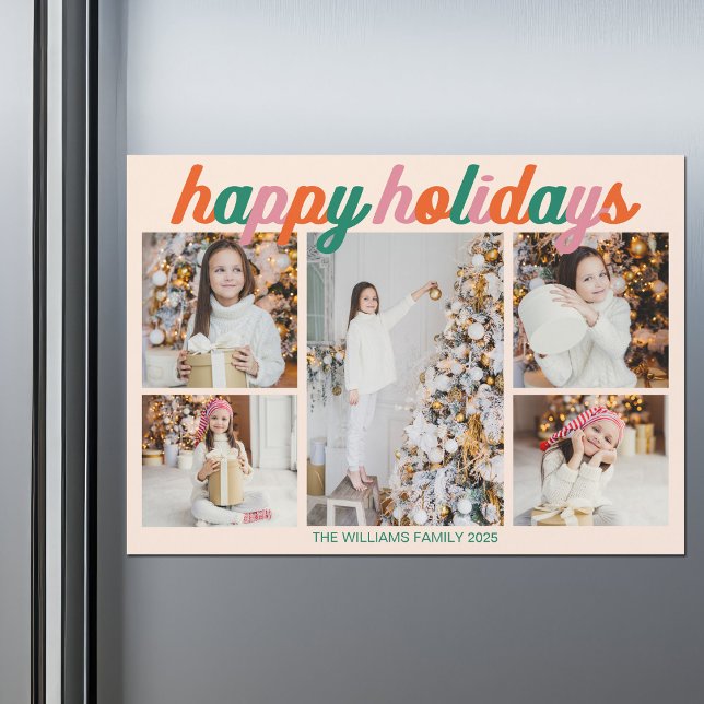 Retro Happy Holidays 5 Photo Collage Magnet Card (Von Creator hochgeladen)