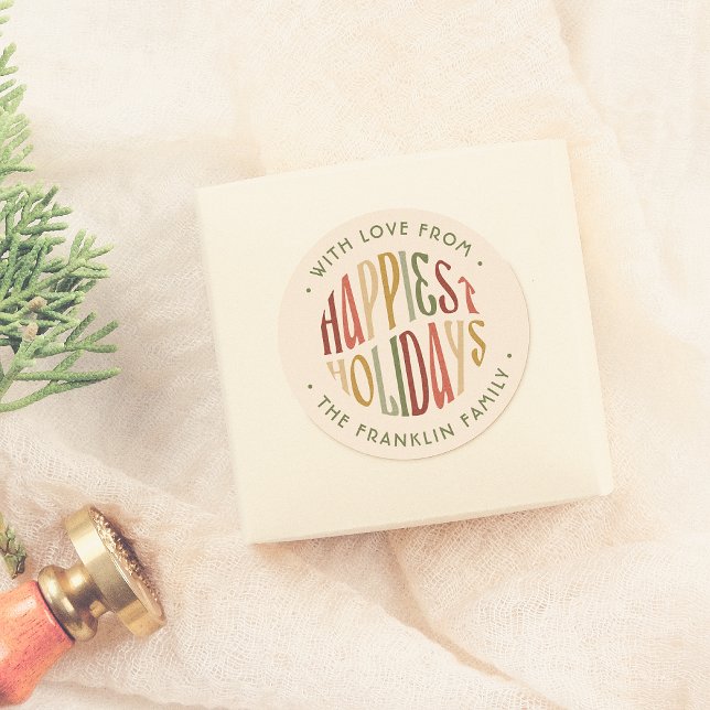 Retro Happy Holidays Familienname Weihnachten Runder Aufkleber (Von Creator hochgeladen)