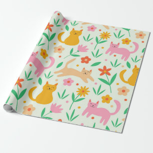 Retro Happy Katzen mit orangefarbenen und pfirsich Geschenkpapier