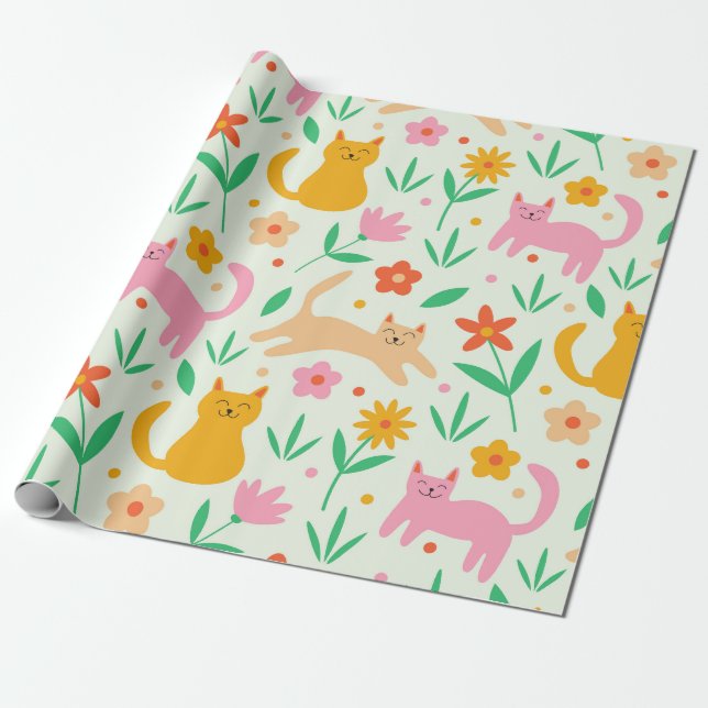 Retro Happy Katzen mit orangefarbenen und pfirsich Geschenkpapier (Ungerollt)