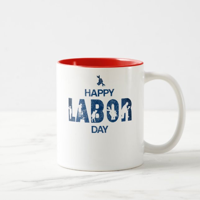 Retro Happy Labour Day in Retro Blue Zweifarbige Tasse (Rechts)