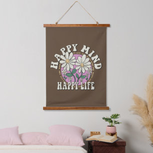 Retro Happy Mind Happy Life Wandteppich Mit Holzrahmen