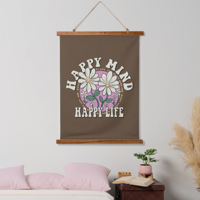 Retro Happy Mind Happy Life Wandteppich Mit Holzrahmen (Schlafzimmer)