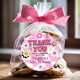 Retro Happy Smile Face Pink Checkered Vielen Dank Runder Aufkleber