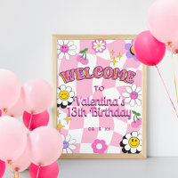 Retro Happy Smile Face Pink Checkered Willkommen