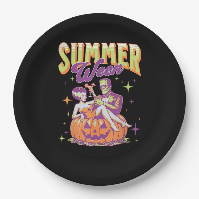 Retro Happy Summerween Funny Frankenstein Monster  Pappteller (Vorderseite)