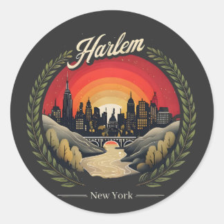 Retro Harlem Sunset: New York City Skyline Runder Aufkleber