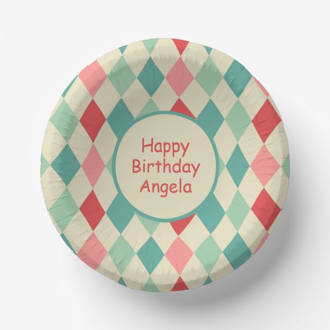 Retro Harlequin Geometric Muster Custom Birthday Pappteller (Vorderseite)