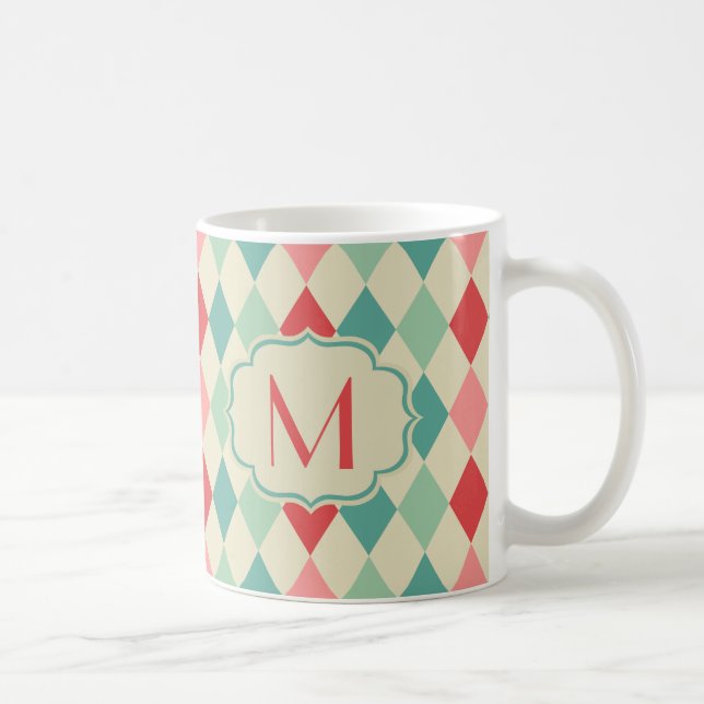 Retro Harlequin Geometric Muster Monogram Tasse (Rechts)