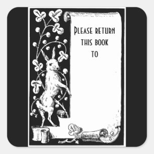 Retro-Hase und Schriftrolle-Exlibris-Aufkleber Quadratischer Aufkleber