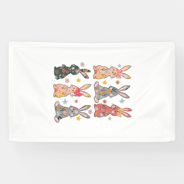 Retro-Hasen-Blumen-Hase-Ostern Da Banner (Horizontal)