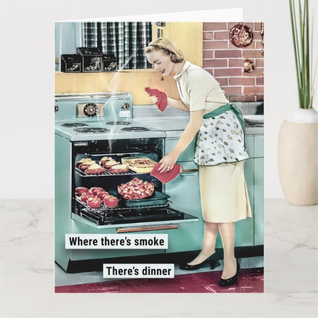 Retro Hausfrau Kochen Abendessen Karte (Vorderseite)
