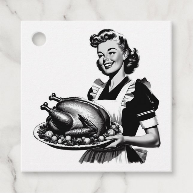 Retro Hausfrau mit Erntedank Türkei Geschenkanhänger (Vorderseite)