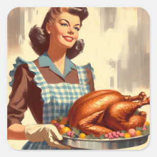 Retro-Hausfrau Thanksgiving-Erntete turkey Vintage Quadratischer Aufkleber