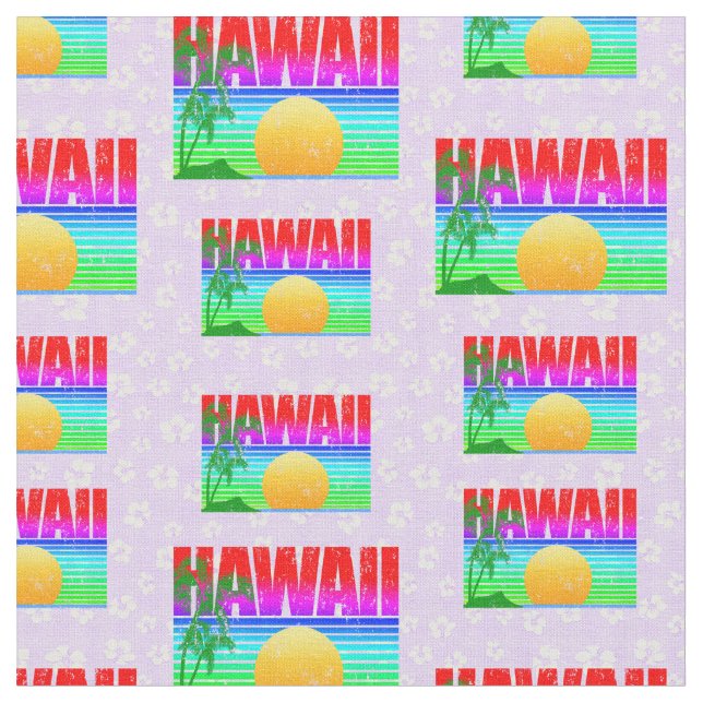 Retro Hawaii Sunset Beach Lila Hibiskus Stoff (Nahaufnahme)
