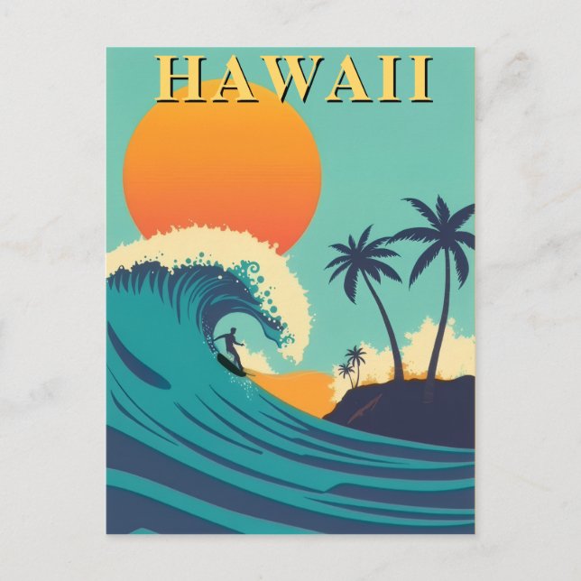 Retro Hawaii Surfing Sunset & Waves Travel Postkarte (Vorderseite)