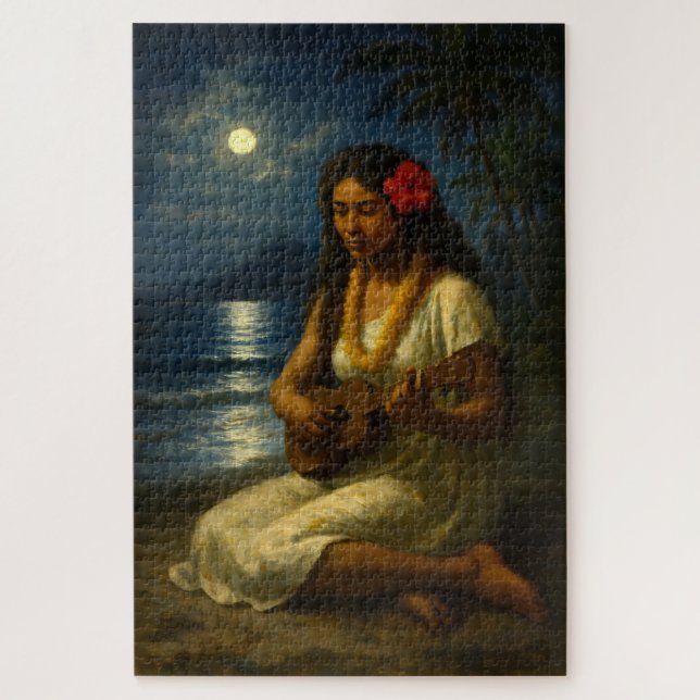 Retro Hawaiian Girl & Ukulele On A Moonlit Beach Puzzle (Vertikal)