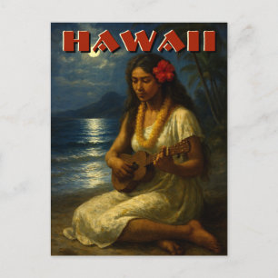 Retro hawaiianisches Mädchen und Ukulele am mondbe Postkarte