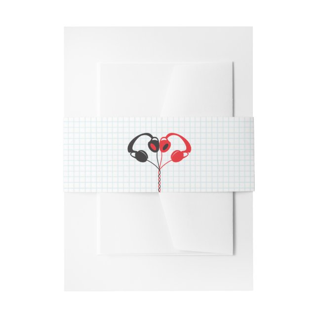 Retro Headphones Heart Music Wedding Red and Black Einladungsbanderole (Vorderseite Beispiel)