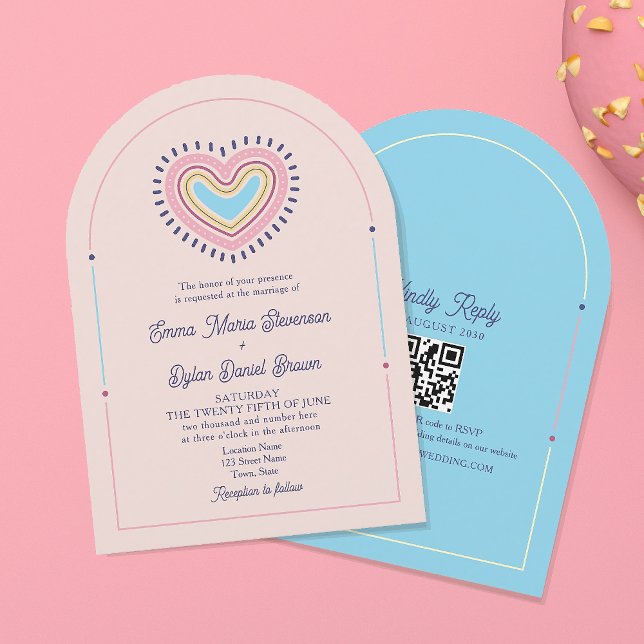 Retro Heart Arch Wedding Einladung mit QR (Von Creator hochgeladen)
