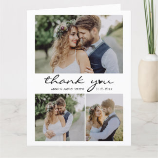 Retro Heart Script 4 Foto Collage Wedding Dankeskarte