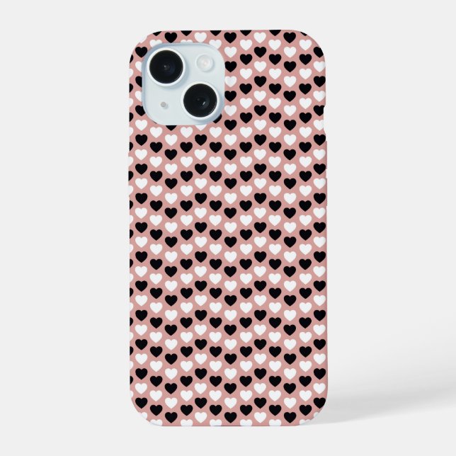 Retro Hearts Pink Black & White iPhone 15 Hülle (Rückseite)