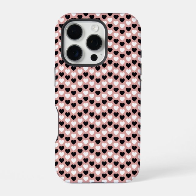 Retro Hearts Pink Black & White iPhone Hülle (Rückseite)