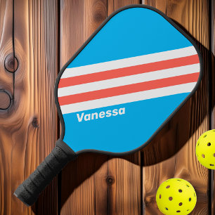 Retro Hellblaue Streifen mit Namen Pickleball Schläger