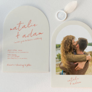 Retro Helles Orange Whimsical Foto Gebogene Hochze Einladung