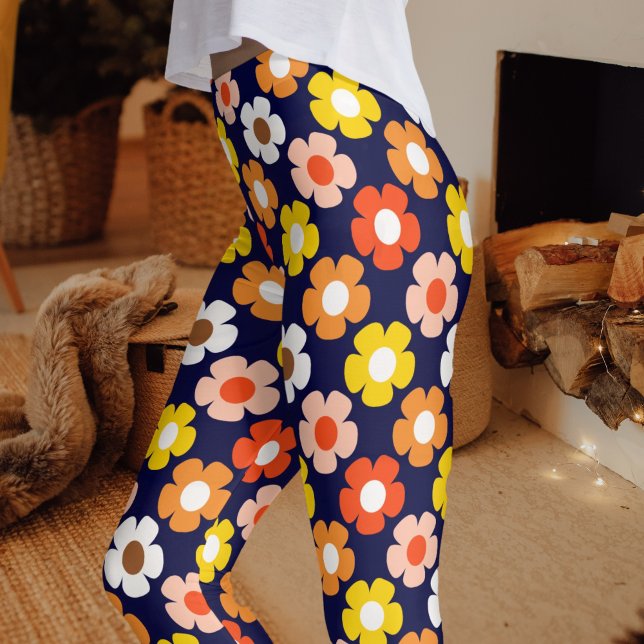 Retro Herbst Blume Muster Blau Leggings (Von Creator hochgeladen)