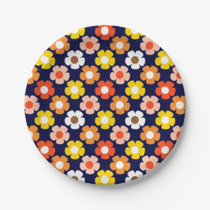 Retro Herbst Blume Muster Blau Pappteller