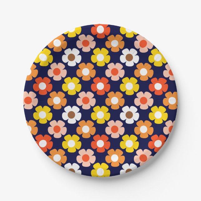 Retro Herbst Blume Muster Blau Pappteller (Vorderseite)