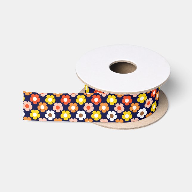 Retro Herbst Blume Muster Blau Satinband (Spule)