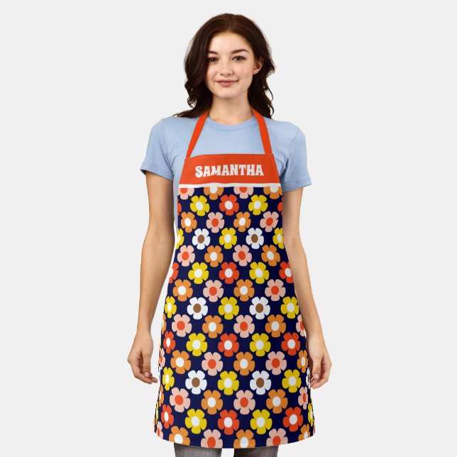 Retro Herbst Blume Muster Blau Schürze (Getragen)