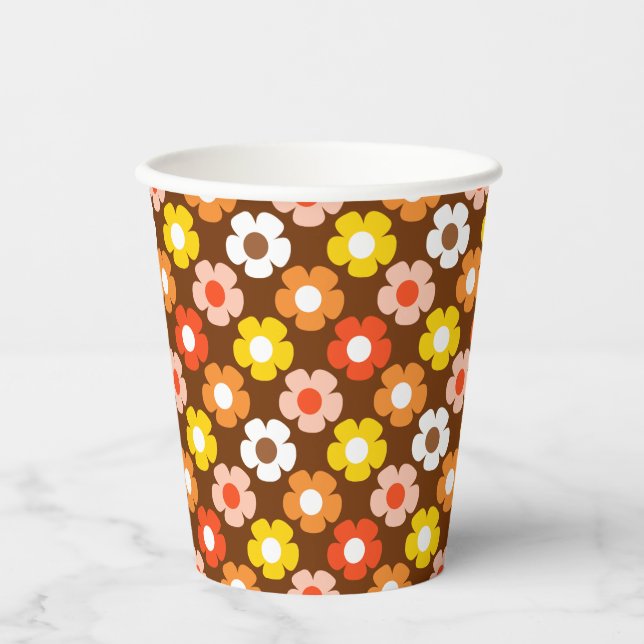 Retro Herbst Blume Muster braun Pappbecher (Vorderseite)