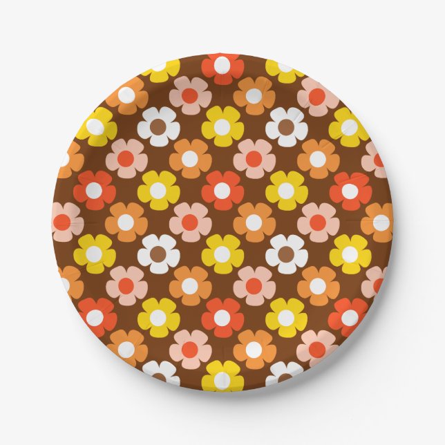 Retro Herbst Blume Muster braun Pappteller (Vorderseite)