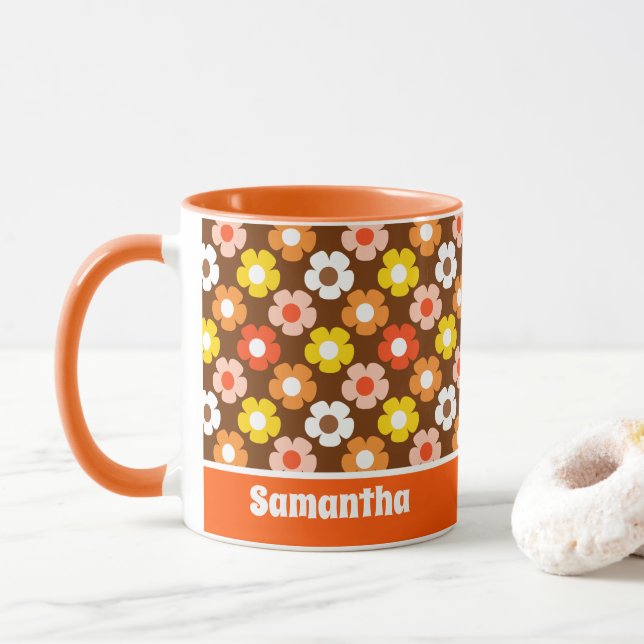 Retro Herbst Blume Muster braun Tasse (Mit Donut)