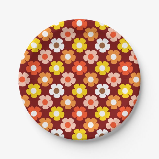 Retro Herbst Blume Muster Rot Pappteller (Vorderseite)