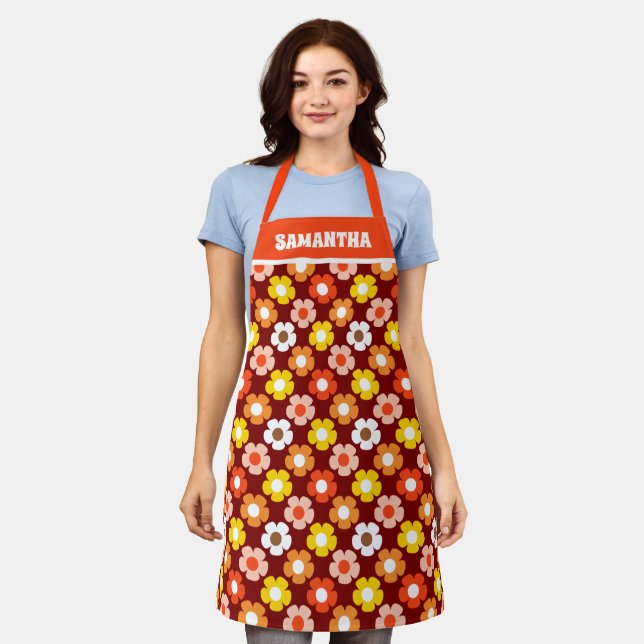 Retro Herbst Blume Muster Rot Schürze (Getragen)