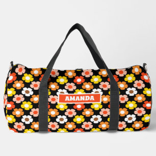 Retro Herbst Blume Muster Schwarz Duffle Bag