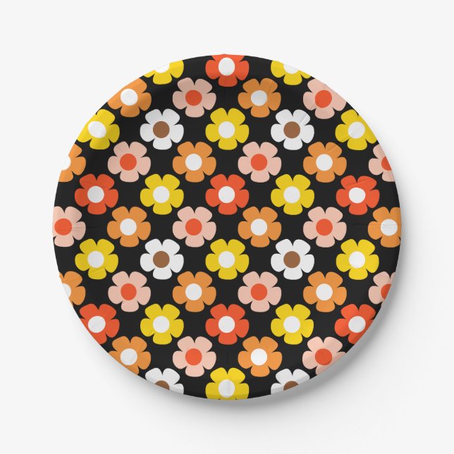 Retro Herbst Blume Muster Schwarz Pappteller (Vorderseite)