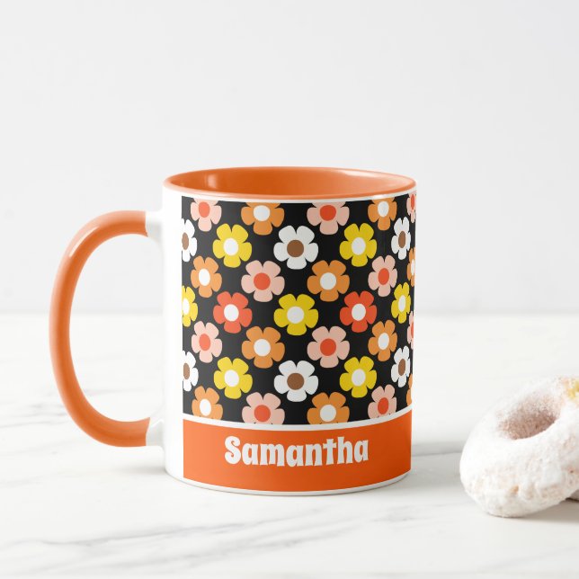 Retro Herbst Blume Muster Schwarz Tasse (Mit Donut)