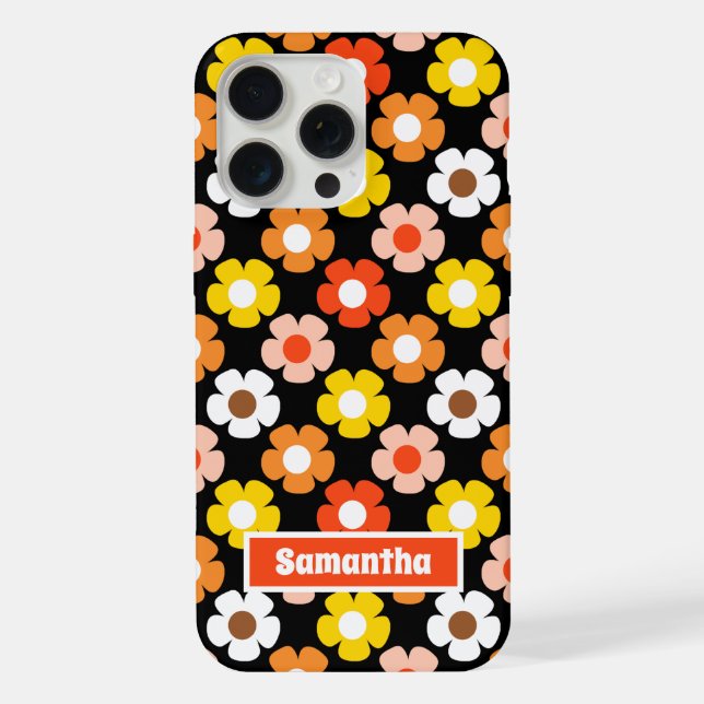 Retro-Herbst-Blumenmuster Schwarz iPhone Hülle (Rückseite)
