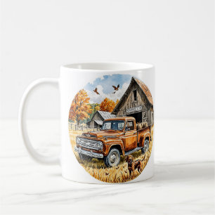 Retro-Herbst-Pickup und Jagdhund, Herbst-Vintage, Kaffeetasse